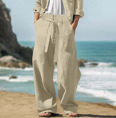 Men's Linen Belt Elastic Waist Straight Pure Color Comfort Breathable Outdoor Pants