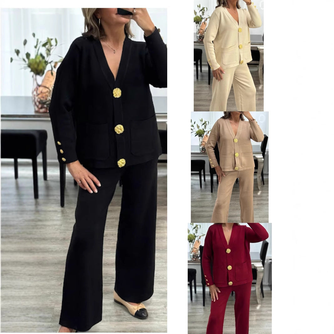 Metal Buckle Knitted Cardigan Sweater Wide Leg Pants Suit