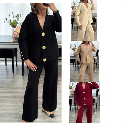 Metal Buckle Knitted Cardigan Sweater Wide Leg Pants Suit
