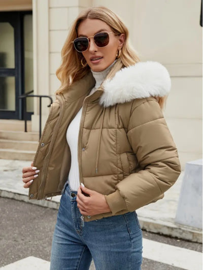 Women's Chic Mint Green Puffer Jacket With Faux Fur Trim Hood