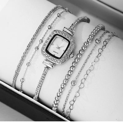 Decorative Alloy All-match Square Rhinestone-encrusted Chain Women's Quartz Bracelet Watch Small Beads Jewelry Suit