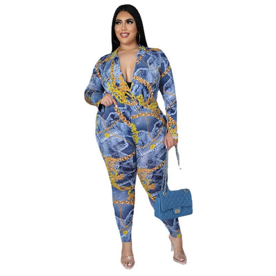 Plus Size Women's Autumn New Fashion V-neck Printed Shirt Trousers Suit