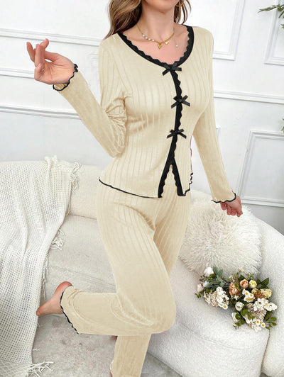 Long Sleeve Trousers Casual Homewear Lace Cardigan Suit