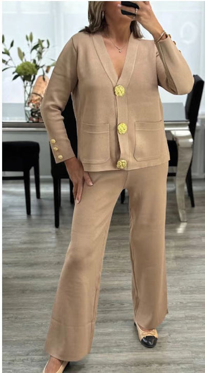 Metal Buckle Knitted Cardigan Sweater Wide Leg Pants Suit