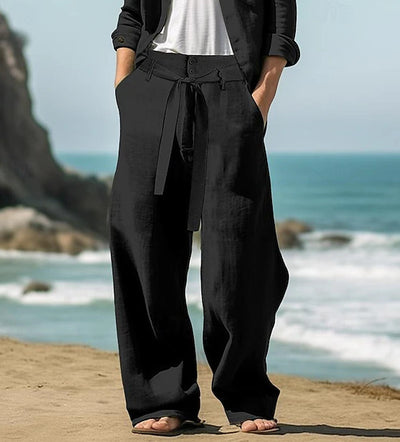 Men's Linen Belt Elastic Waist Straight Pure Color Comfort Breathable Outdoor Pants
